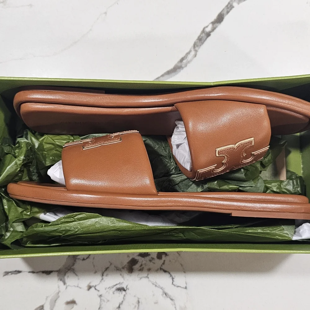 Tory Burch Women's Double T Sport Slides Bourbon Miele Gold Size 9 New - Picture 7 of 9